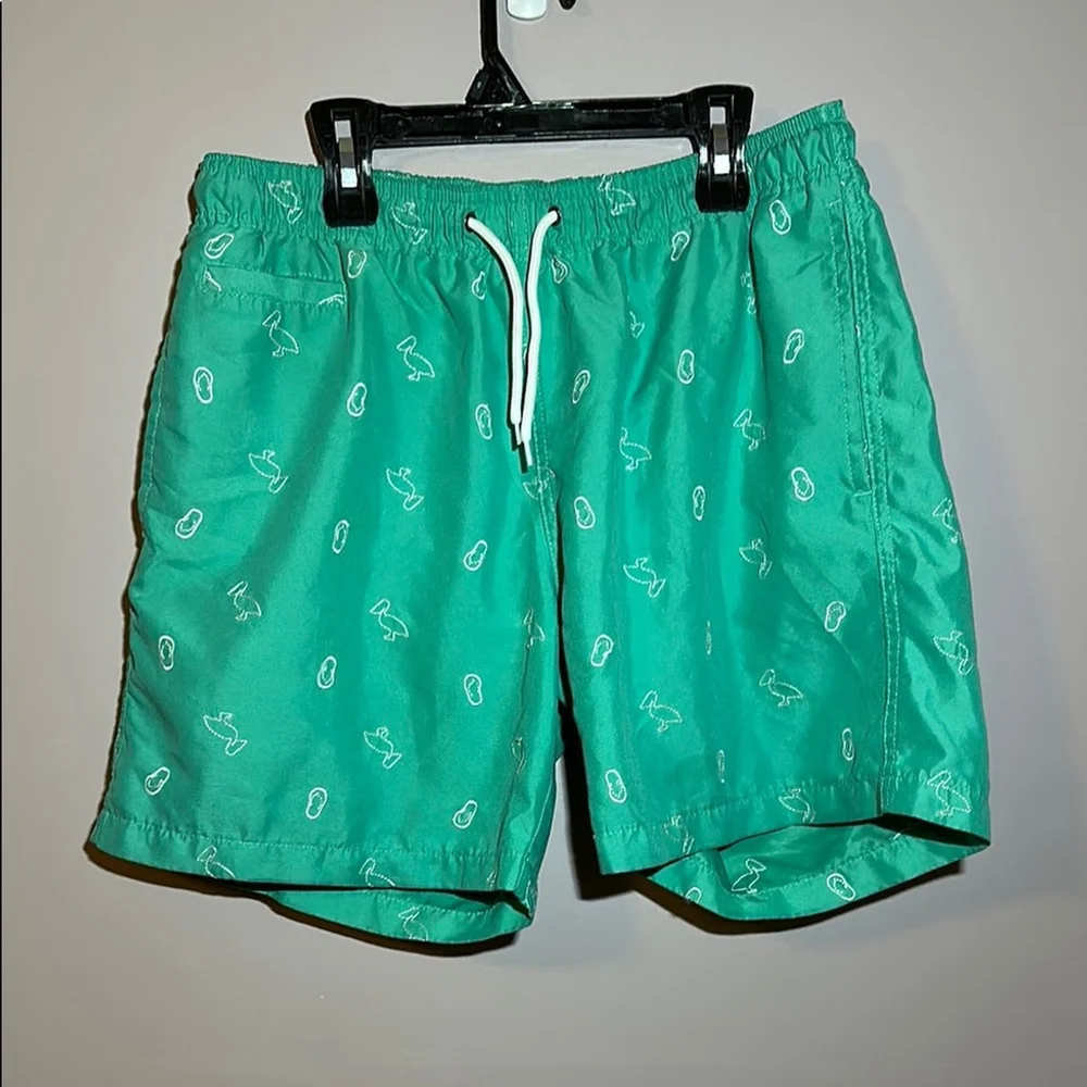 Mens Swim Trunks Pelican Print Elastic Waist 6.5 Inseam Green Size M